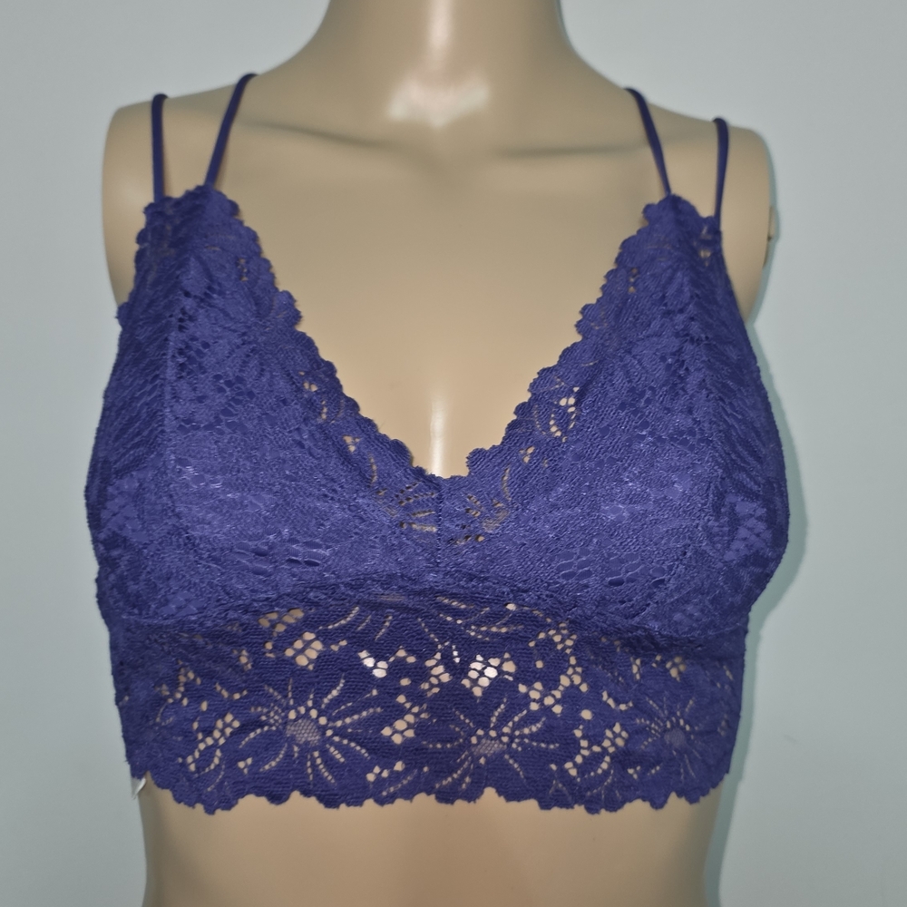 PINK Victoria's Secret Blue Stretch Crochet Lace Longline Strappy Bralette Sz S